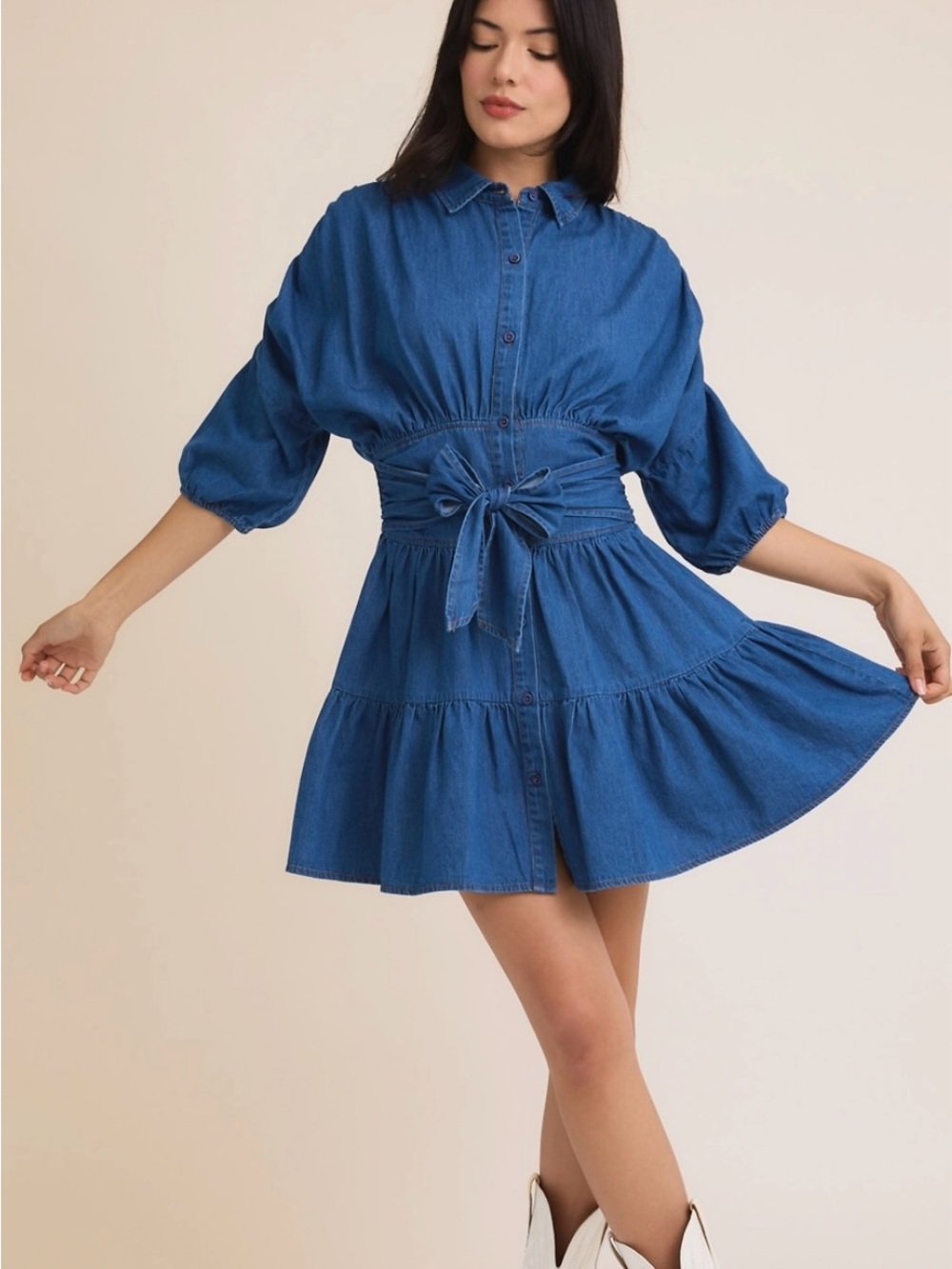 Gilli Blue Denim Tie-Waist Mini Dress